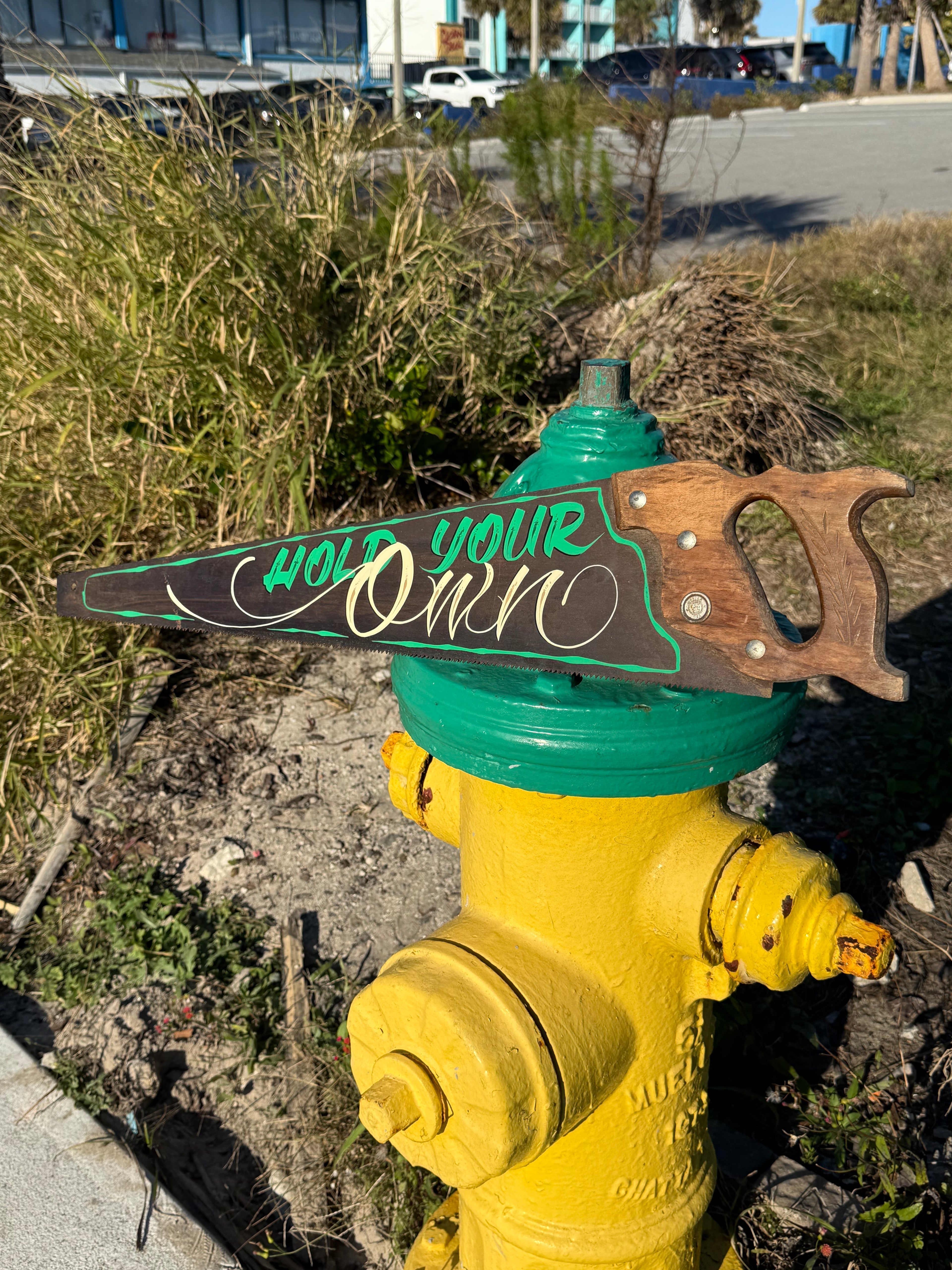 Hold Your Own hand painted vintage saw