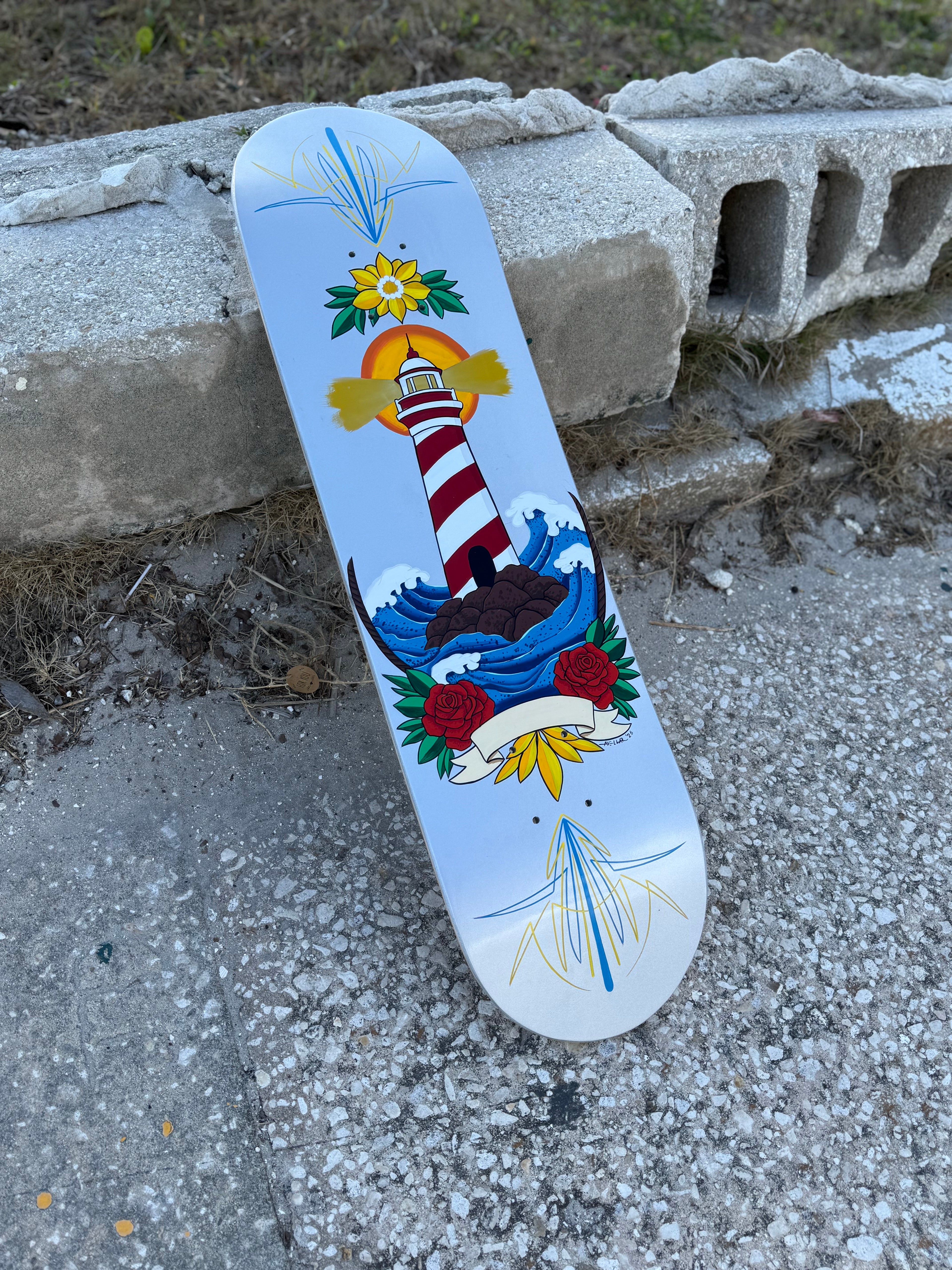 Hand Painted Lighthouse Skateboard Deck